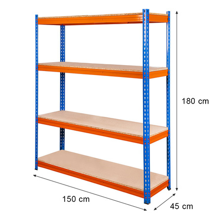 Regał magazynowy Mega-M PRO MAX H-180 cm L-150 cm G-45 cm 4 półki z MDF 15 mm 500 kg niebiesko-pomarańczowy