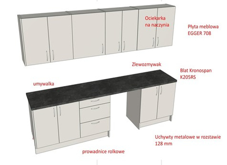 Zestaw mebli kuchennych do pomieszczeń socjalnych Mega-M L-287 cm G-60 cm H-91 cm Popiel Egger