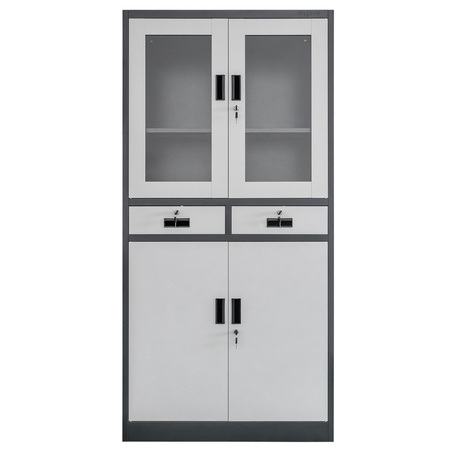 Szafa biurowa metalowa Mega-M WENUS W-03 na dokumenty przeszklona z szufladami grafitowa / szary front S- 90 cm G- 40 cm H-185 cm skręcana N