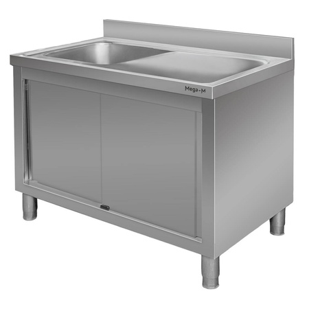 Stół ze stali nierdzewnej przyścienny ze zlewem po lewej stronie i z szafką Mega-M S-120 cm G-70 cm H-85 cm N