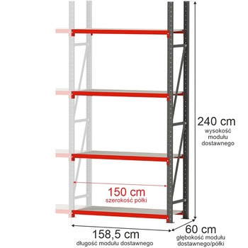 Regał magazynowy 4-półkowy Mega-M FORTIS H-240 cm L-158,5 cm G-60 cm moduł dostawny N