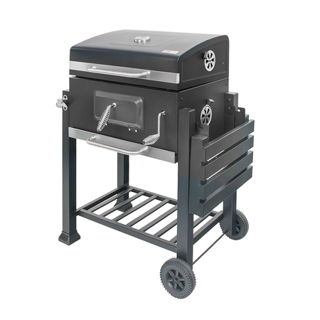 Grill ogrodowy węglowy z pokrywą Mega-M 1x stolik boczny 56x42 cm czarny