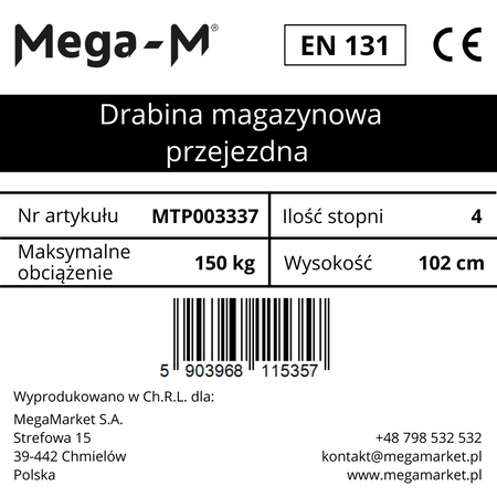 Drabina magazynowa przejezdna pomost magazynowy Mega-M H 102 cm 4 stopnie hamulec schodkowy