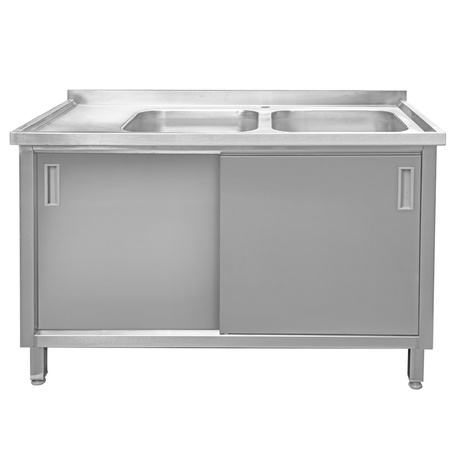 Zlew gastronomiczny spawany dwukomorowy z szafką Mega-M 140x70x85 cm stal nierdzewna