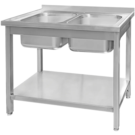 Zlew gastronomiczny spawany dwukomorowy z półką Mega-M 100x60x85 cm stal nierdzewna