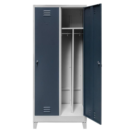 Szafka ubraniowa BHP Mega-M J-80 na podstawie z nóżkami 2 drzwiowa z przegrodami szara/ grafitowy front S-80 cm G-50 cm H-190 cm skręcana N