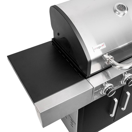 Grill ogrodowy gazowy Mega-M 4+1 ze stolikiem bocznym z pokrywą ze stali nierdzewnej reduktor + wąż gazowy