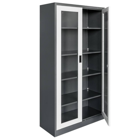Szafa biurowa metalowa Mega-M WENUS W-07 na dokumenty przeszklone drzwi grafitowa / szary front S- 90 cm G- 40 cm H-185 cm skręcana N