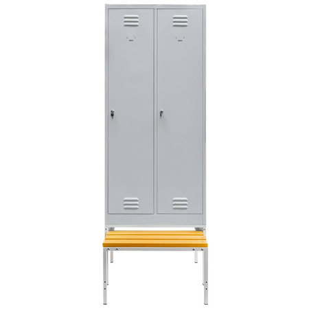 Szafka ubraniowa BHP Mega-M J-80 na podstawie z wysuwaną ławeczką 2 drzwiowa szara S-80 cm G-80 cm H-223 cm skręcana N