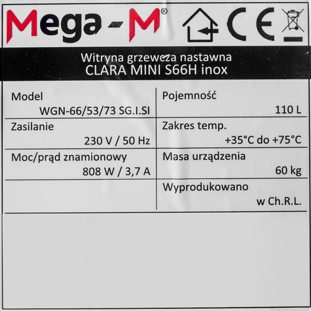 Witryna grzewcza nastawna Mega-M CLARA MINI S66H S-66 cm G-53 cm H-69 cminox N
