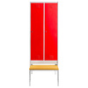Szafka ubraniowa BHP Mega-M J-80 na podstawie z wysuwaną ławeczką 2 drzwiowa z przegrodami szara/ czerwony front S-80 cm G-80 cm H-223 cm skręcana N