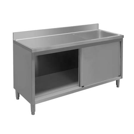 Stół ze stali nierdzewnej przyścienny ze zlewem po prawej stronie i z szafką Mega-M S-160 cm G-60 cm H-85 cm N