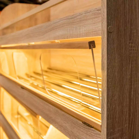 Regał na pieczywo H-180 cm L-125 cm G-60 cm plexi oświetlenie LED dąb amerykański