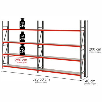 Regał magazynowy 8-półkowy Mega-M FORTIS H-200 cm L-525.5 cm G-40 cm