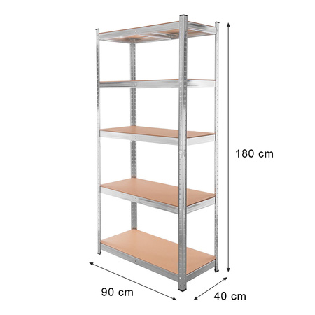 Regał magazynowy Mega-M BASIC H-180 cm L-90 cm G-40 cm 5 półek z MDF 4 mm 175 kg ocynk