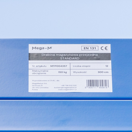Drabina magazynowa przejezdna pomost magazynowy Mega-M STANDARD H-300 cm 12 stopni
