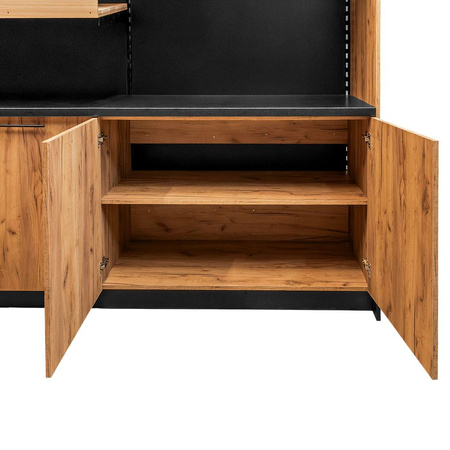 Regał ekspozycyjno-sprzedażowy zakasowy Mega-M H- 230 cm L- 364 cm G- 63 cm dąb kraft/czarny