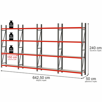Regał magazynowy 16-półkowy Mega-M FORTIS H-240 cm L-642.5 cm G-50 cm