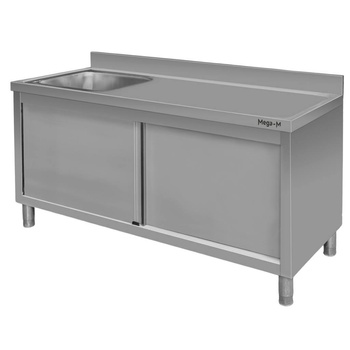 Stół ze stali nierdzewnej przyścienny ze zlewem po lewej stronie i z szafką Mega-M S-160 cm G-60 cm H-85 cm N