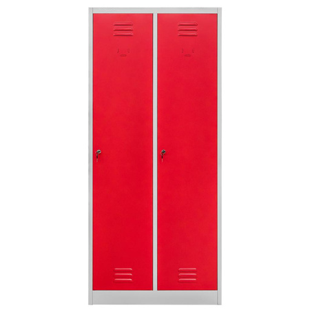 Szafka ubraniowa BHP Mega-M J-80 2 drzwiowa z przegrodami szara/ czerwony front S-80 cm G-50 cm H-180 cm skręcana (wysyłka paletowa) N