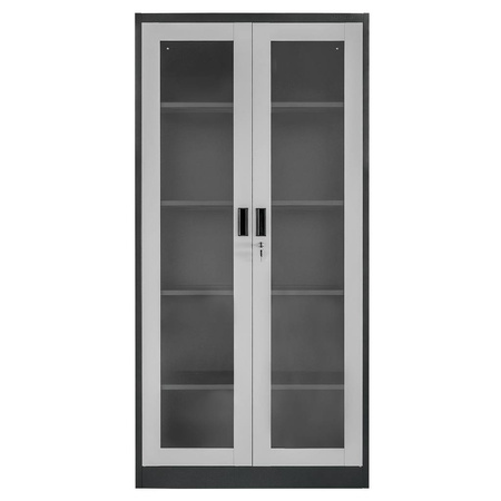 Szafa biurowa metalowa Mega-M WENUS W-07 na dokumenty przeszklone drzwi grafitowa / szary front S- 90 cm G- 40 cm H-185 cm skręcana N