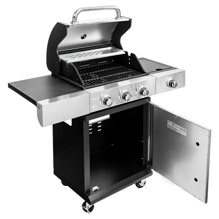 Grill ogrodowy gazowy Mega-M 3+1 ze stolikiem bocznym z pokrywą i drzwiczkami ze stali nierdzewnej reduktor + wąż gazowy