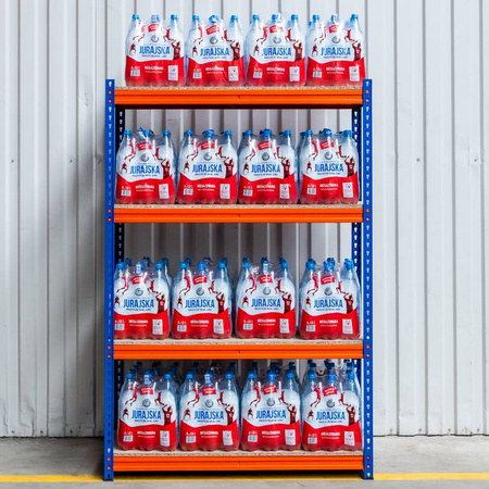 Regał magazynowy Mega-M Pro Max H-180 cm L-120 cm G-60 cm 4 półki z płyty wiórowej 15 mm (500kg) niebieski/pomarańczowy 2 kartony N