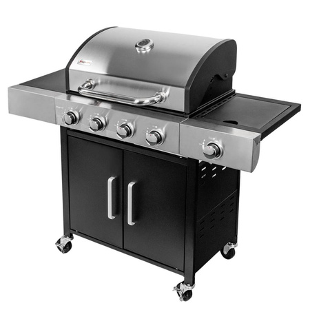 Grill ogrodowy gazowy Mega-M 4+1 ze stolikiem bocznym z pokrywą ze stali nierdzewnej reduktor + wąż gazowy