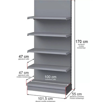 Regał sklepowy Mega-M Merkury przyścienny H-170 cm L-101,5 cm G-47/4x47 cm (GC-55 cm) grafit moduł dostawny N