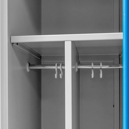 Szafka BHP ubraniowa na podstawie z nóżkami Mega-M pracownicza 2-drzwiowa z przegrodami S-80 cm szara/niebieski front