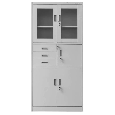 Szafa biurowa metalowa Mega-M WENUS W-13 na akta przeszklona z sejfem szara S- 90 cm G- 40 cm H-185 cm skręcana N
