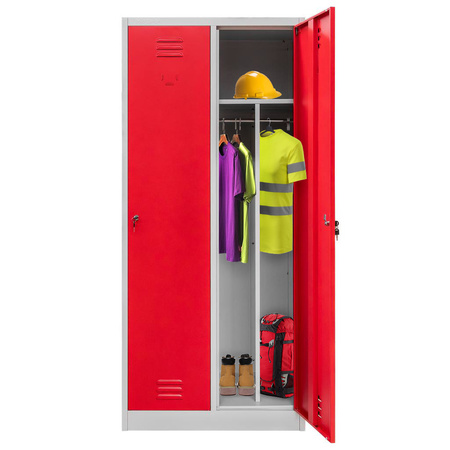 Szafka BHP ubraniowa Mega-M pracownicza 2-drzwiowa z przegrodami S-80 cm szara/czerwony front WYSYŁKA PALETOWA