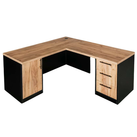 Biurko narożne przyścienne z szafką i szufladami Mega-M L-160cm G-60cm H-76cm dąb kraft/czarny