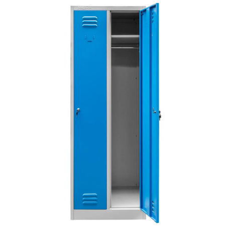 Szafka ubraniowa BHP Mega-M J-60 2 drzwiowa szara/ niebieski front  S-60 cm G-50 cm H-180 cm skręcana (wysyłka paletowa) N