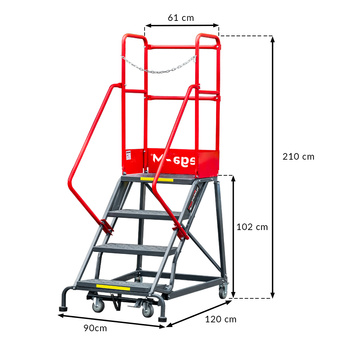 Drabina magazynowa przejezdna pomost magazynowy Mega-M H 102 cm 4 stopnie hamulec schodkowy