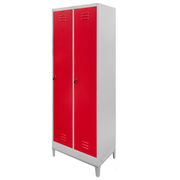 Szafka ubraniowa BHP Mega-M J-60 na podstawie z nóżkami 2 drzwiowa szara/ czerwony front S-60 cm G-50 cm H-190 cm skręcana N