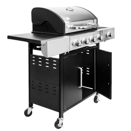 Grill ogrodowy gazowy Mega-M 4+1 ze stolikiem bocznym z pokrywą ze stali nierdzewnej reduktor + wąż gazowy