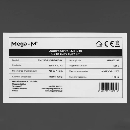 Zamrażarka Mega-M OZI i210 Automatyczne rozmrażanie S-210 cm G-85 cm H-87 cm N