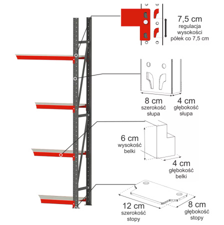 Regał metalowy magazynowy 4-półkowy Mega-M FORTIS H-240 cm L-258.5 cm G-60 cm moduł dostawny