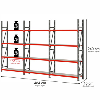 Regał magazynowy 12-półkowy Mega-M FORTIS H-240 cm L-484 cm G-40 cm