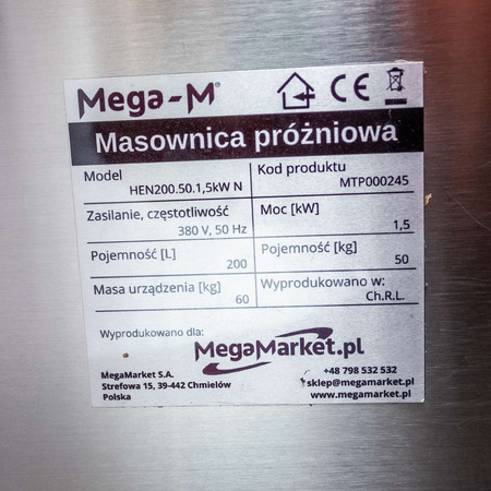 Masownica próżniowa Mega-M 200 L 50 kg 1.5 kW peklarka do mięsa