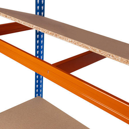 Regał magazynowy Mega-M Pro Max H-180 cm L-120 cm G-45 cm 4 półki z płyty wiórowej 15 mm (500kg) niebieski/pomarańczowy 2 kartony N