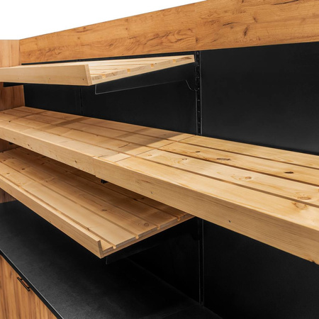 Regał ekspozycyjno-sprzedażowy zakasowy Mega-M H- 230 cm L- 364 cm G- 63 cm dąb kraft/czarny