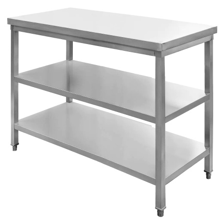 Stół ze stali nierdzewnej centralny z 2-ma półkami Mega-M S-100 cm G-70 cm H-85 cm N