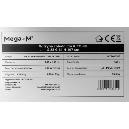 Witryna chłodnicza 2-drzwiowa 568L Mega-M RICO i88 oświetlenie LED podświetlany górny plafon reklamowy