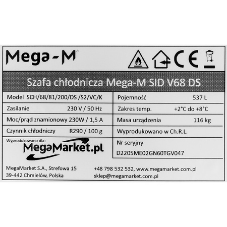 Szafa chłodnicza Mega-M SID V68 DS S-68cm G-85 cm H-199 cm N