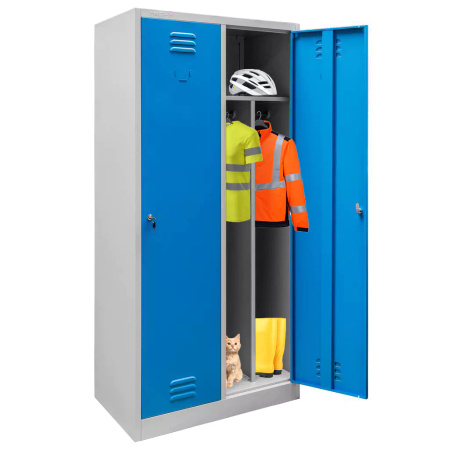 Szafka ubraniowa BHP Mega-M J-80 2 drzwiowa z przegrodami szara/ niebieski front S-80 cm G-50 cm H-180 cm skręcana N