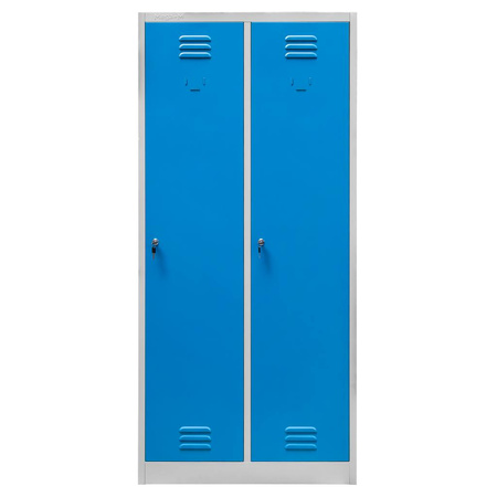 Szafka ubraniowa BHP Mega-M J-80 2 drzwiowa z przegrodami szara/ niebieski front S-80 cm G-50 cm H-180 cm skręcana (przesyłka paletowa) N