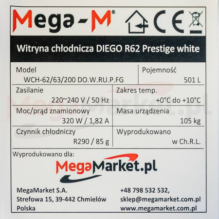 Witryna chłodnicza 1-drzwiowa 501L Mega-M DIEGO R62 Prestige white oświetlenie LED