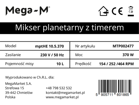 Mikser planetarny z timerem 10L Mega-M mptHE10.5.370